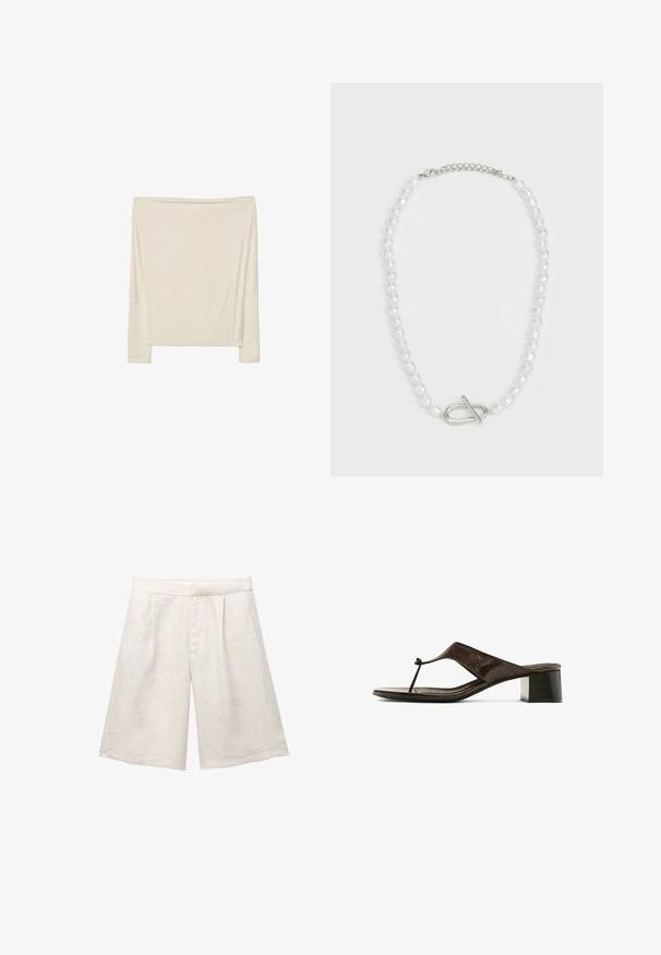 Długo rękawowy, off-white top wykonany z miękkiego materiału o luźnym kroju, z otwartym dekoltem i opadłymi szwami ramion.; Beżowe lniane szorty o szerokich nogawkach, z plisami z przodu i gładkim pasem. Materiał ma lekko teksturowane wykończenie.; Ciemnobrązowe skórzane sandały na obcasie dla kobiet, z niskim słupkiem i cienkim paskiem na palcach, na białym tle.; Biała perłowa naszyjnik o różnych kształtach i rozmiarach, z zapięciem na suwak ze srebra. Gładka tekstura z błyszczącym wykończeniem.