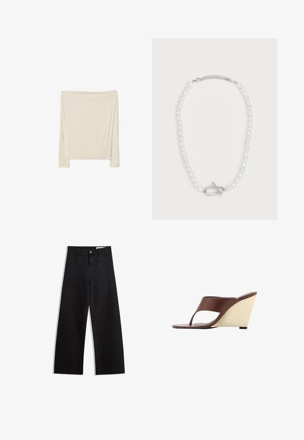 Dlhý rukáv off-white top vyrobený z mäkkej tkaniny s voľným strihom, s otvoreným výstrihom a spustenými ramennými švami.; Čierne denimové nohavice s širokými nohavicami a vysokým pásom, so prednými a zadnými vreckami, šitými švami a zapínaním na gombík. Hladká textúra.; Hnedé platformové sandále s hladkým, širokým popruhom cez prednú časť, otvorenou špičkou a kontrastným smotanovým platformovým podpätkom.; Biela perlova náhrdelník s rôznymi tvarmi a veľkosťami, s strieborným uzáverom na zapínanie. Hladký povrch s lesklým dokončením.