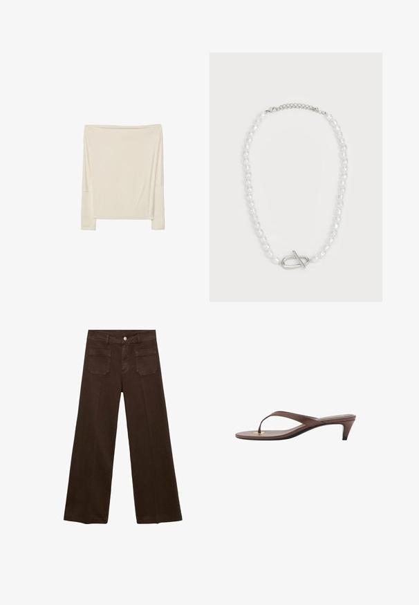 Langslavige off-white top van zachte stof met een relaxte pasvorm, voorzien van een open halslijn en verlaagde schoudernaad.; Bruine wijde jeans van denim, met een hoge taille, twee achterzakken en een voor knoopsluiting. Gladde textuur, rechte pasvorm.; Bruine hakken flip-flop sandaal met een slanke band en ronde teenpost, met een kleine gouden accent op de voetbed.; Witte parelketting met verschillende vormen en maten, met een zilveren sluiting met toggle. Gladde textuur met een glanzende afwerking.