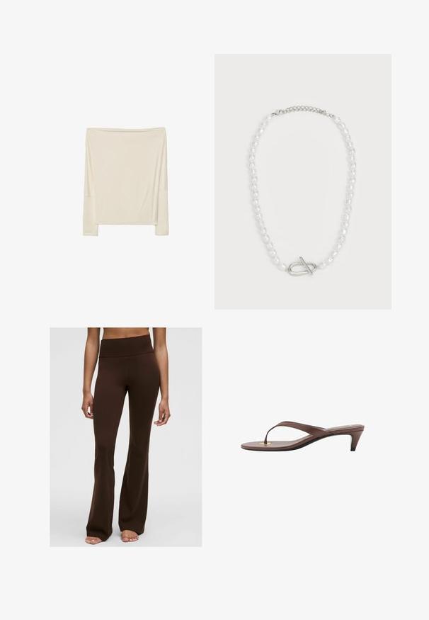 Langærmet off-white top lavet af blødt materiale med en afslappet pasform, der har en åben halsudskæring og dropped skuldersømme.; Brune flagrende bukser lavet af strækbart stof, med høj talje og glat tekstur, samt et tætsiddende oberste del og flagrende bendesign.; Brune hælflip-flop sandal med en slank rem og rund tåpost, der har et lille guldaccent på fodsengen.; Hvid perlekæde med varierede former og størrelser, med en sølv toggle-lukning. Glat tekstur med skinnende finish.