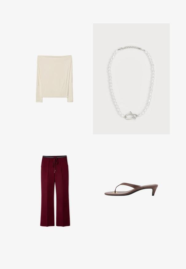Langärmliges, off-white Oberteil aus weichem Stoff mit lockerer Passform, mit einem offenen Rundhalsausschnitt und tiefen Schulternähten.; Burgunderfarbene weite Hosen mit einem Kordelzugbund, ausgestattet mit zwei Fronttaschen und vertikalen Falten für zusätzliche Struktur und Textur.; Braune, mit Absatz versehene Flip-Flop-Sandale mit einem schmalen Riemen und abgerundetem Zehensteg, der ein kleines goldfarbenes Akzent auf dem Fußbett aufweist.; Weiße Perlenkette mit unterschiedlichen Formen und Größen, ausgestattet mit einem silbernen Toggle-Verschluss. Glatte Textur mit glänzender Oberfläche.