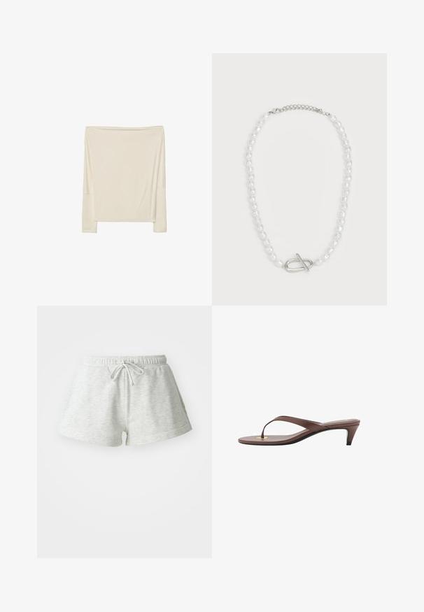 Dugi rukav off-white majica izrađena od mekane tkanine s ležernim krojem, sa otvorenim dekolteom i spuštenim ramenima.; Svijetlosivi pamučni šorts s elastičnom trakicom u struku, s mekanom teksturom i opuštenim krojem, koji završavaju iznad sredine bedra.; Smeđe natikače na petu s tankim remenom i zaobljenim vrhom, sa malim zlatnim akcentom na ulošku.; Bjela biserna ogrlica raznih oblika i veličina, s srebrnim zakovicama za zatvaranje. Glatka tekstura s sjajnim završetkom.