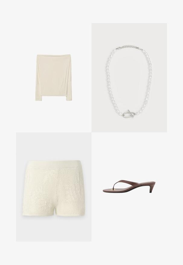 Dlouhá rukávová top v krémové barvě vyrobený z měkké tkaniny s volným střihem, s otevřeným výstřihem a spadlými ramenními švy.; Pletené šortky v barvě slonové kosti s texturovaným vzorem. Mají široký elastický pas a přiléhavý střih.; Hnědé sandály s podpatkem a tenkým páskem, zaoblenou špičkou a malým zlatým akcentem na stélce.; Bílý perlový náhrdelník s různými tvary a velikostmi, ozdobený stříbrným zapínáním na otočný klips. Hladký povrch s lesklým finišem.