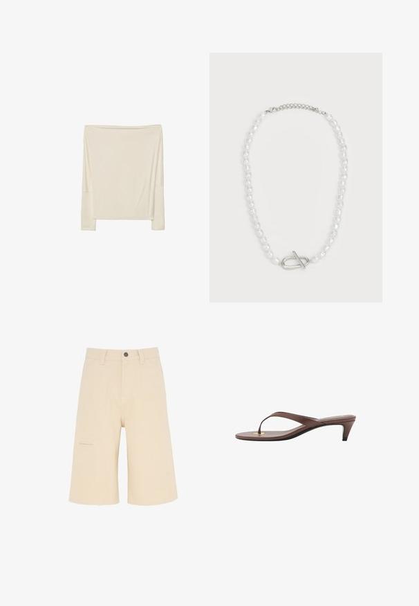 Langärmliges, off-white Oberteil aus weichem Stoff mit lockerer Passform, mit einem offenen Rundhalsausschnitt und tiefen Schulternähten.; Beige Cargo-Shorts aus strapazierfähigem Material, mit einer lockeren Passform, Fronttaschen und einer Seitentasche mit Klappen-Detail.; Braune, mit Absatz versehene Flip-Flop-Sandale mit einem schmalen Riemen und abgerundetem Zehensteg, der ein kleines goldfarbenes Akzent auf dem Fußbett aufweist.; Weiße Perlenkette mit unterschiedlichen Formen und Größen, ausgestattet mit einem silbernen Toggle-Verschluss. Glatte Textur mit glänzender Oberfläche.