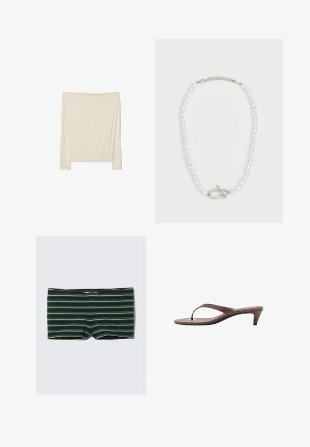 Langärmliges, off-white Oberteil aus weichem Stoff mit lockerer Passform, mit einem offenen Rundhalsausschnitt und tiefen Schulternähten.; Schwarze Schwimmshorts mit horizontalen grünen Streifen. Bietet ein tailliertes Design und einen elastischen Bund. Hergestellt aus einem dehnbaren, glatten Material.; Braune, mit Absatz versehene Flip-Flop-Sandale mit einem schmalen Riemen und abgerundetem Zehensteg, der ein kleines goldfarbenes Akzent auf dem Fußbett aufweist.; Weiße Perlenkette mit unterschiedlichen Formen und Größen, ausgestattet mit einem silbernen Toggle-Verschluss. Glatte Textur mit glänzender Oberfläche.