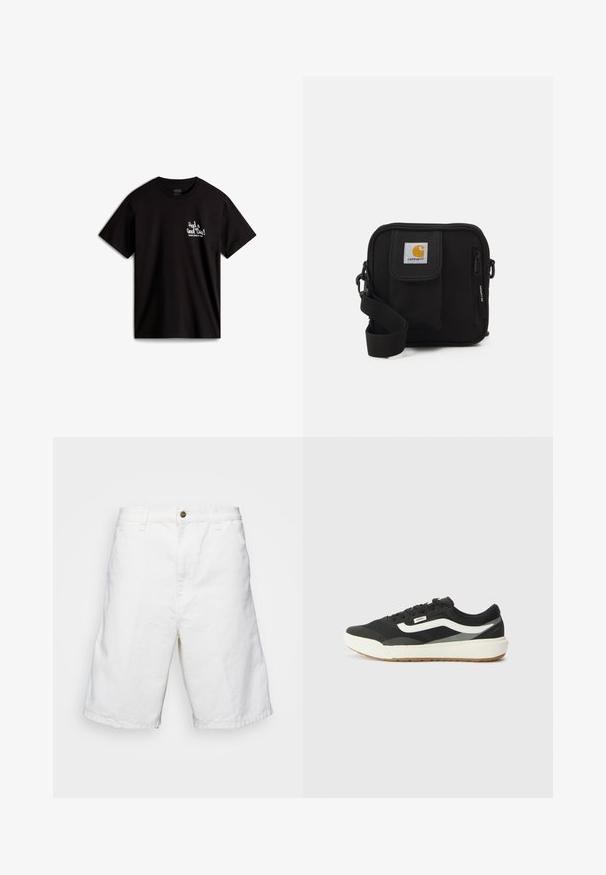 T-shirt in cotone nero con maniche corte, caratterizzato da testo in corsivo bianco "Had a Good Time!" e un logo nell'area del petto sinistro.; Shorts bianchi in cotone con taglio dritto, dotati di chiusura con bottone e passanti per cintura, texture liscia e design alla lunghezza del ginocchio.; Sneaker neri con accenti bianchi, dotati di una tomaia in sintetico liscio, forma rotonda e suola in gomma, abbinati a pantaloni beige chiaro.; Borsa a tracolla nera con un compartimento principale con zip, tasca frontale, tracolla regolabile e una patch del logo visibile sul risvolto.