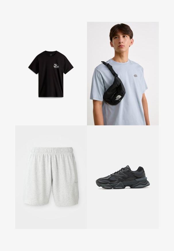 Černé bavlněné tričko s krátkými rukávy, zdobené bílým kurzivním textem "Měli jsme skvělý čas!" a logem na levé části hrudi.; Šedé bavlněné šortky s elastickým pasem, s hladkou texturou a postranními kapsami. Diskrétní logo na lemu.; Černá běžecká bota s kombinací síťoviny a syntetických materiálů, masivní podešev, zakřivený design a výrazné logo na boku.; Černá nylonová crossbody taška s nastavitelným popruhem, vybavená výrazným bílým logem. Nošena přes světle modré tričko. Jednoduchý, funkční design.