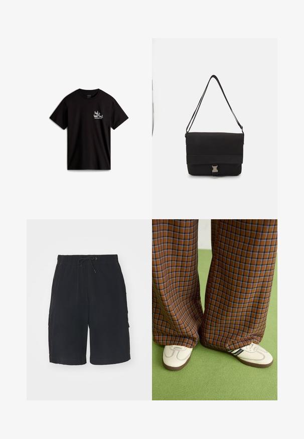 Svart bomullströja med korta ärmar, med vit kursiv text "Hade en bra tid!" och en logotyp på vänster bröst.; Svarta cargoshorts med elastisk midja, snörning, sidfickor och kontrasterande sömmar. Tillverkade i lättviktsmaterial.; Bruna och blå rutiga vida byxor i kombination med vita skor med svarta accenter och texturerade sulor, mot en grön bakgrund.; Svart messenger väska i slät material med en vikbar klaff, silverfärgade spännen och justerbar axelrem.