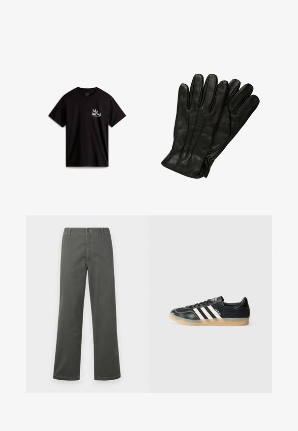 Zwarte katoenen t-shirt met korte mouwen, met witte cursieve tekst "Had a Good Time!" en een logo op de linkerkant van de borst.; Grijze wijde broek van een katoenmix, met een klassiek vijf-pocket ontwerp en sluiting met een knoop aan de voorkant, voorzien van contrasterende stikdetails.; Zwarte sportieve sneaker met witte strepen, textielstof, glad leren neus en een gumrubberen zool. Bevat het logo op de tong.; Zwarte leren handschoenen met een gladde textuur, vijf vingers en subtiele stiksels. Klassiek ontwerp, geschikt voor gebruik in koud weer.
