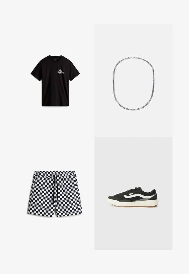 Camiseta de algodón negra con mangas cortas, con texto en cursiva blanca "¡Pasé un buen rato!" y un logotipo en la parte izquierda del pecho.; Bañador a cuadros en blanco y negro con cintura elástica, cordón y bolsillos laterales, fabricado en un tejido suave y ligero.; Zapatillas negras con acentos blancos, con un upper sintético suave, forma redonda y suela de goma, combinadas con pantalones beige claros.; Collar de cadena de metal plateado que presenta eslabones gruesos entrelazados, textura pulida y un pequeño broche con detalles de marca.