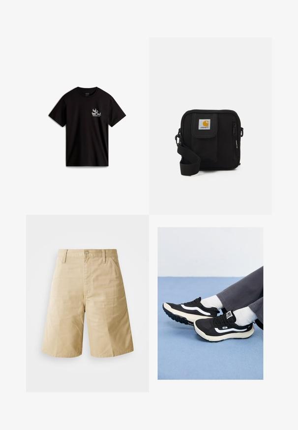 T-shirt in cotone nero con maniche corte, caratterizzato da testo in corsivo bianco "Had a Good Time!" e un logo nell'area del petto sinistro.; Pantaloni corti in cotone beige con taglio dritto, dotati di chiusura con bottone, zip frontale e tasche laterali. Tessuto liscio e dettaglio plissettato sul davanti.; Sneakers neri con dettagli bianchi, materiali in rete e gomma, caratterizzati da una suola testurizzata e una linguetta sul tallone. Indossati con calze bianche e pantaloni grigi.; Borsa a tracolla nera con un compartimento principale con zip, tasca frontale, tracolla regolabile e una patch del logo visibile sul risvolto.