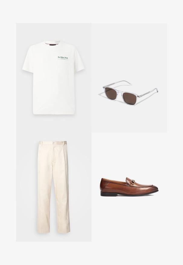 Balta medvilninė marškinėliai trumpomis rankovėmis su apvalia iškerpimu, su žaliu spaudiniu kairėje krūtinės pusėje, sakantis "The Milliger Herald" ir "MCHLXXXV."; Bežinės medvilninės kelnės su tiesiu kirpimu, turinčios mygtuko uždarymą ir priekyje raukšles papildomai dekoratyviam akcentui.; Rudi odiniai loafers su suapvalinta nosimi, siuvinėjimo detalėmis ir dekoratyvine metaline sagtimi priekyje. Guminis padas.; Skaidrūs plastikiniai saulės akiniai su stačiakampiais rudos spalvos lęšiais, pasižymintys plonais, skaidriais šonais ir metaliniais akcentais ant rėmo.