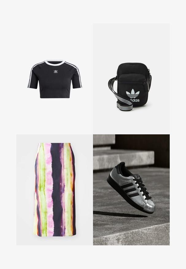 Must külmavärviline lühikeste varrukatega puuvillane t-särk, millel on ribatud valge ümar kaelus, lühikesed raglan varrukad ning valged külgriibid väikese logoga.; Värvikas keskmise pikkusega seelik, millel on vertikaalsed triibud roosa, rohelise, kollase ja lilla värviga. Valmistatud siledast kangast, millel on kerge läige.; Hõbedane spordijalats musta kummist tallaga, mustade paelte ja kolme musta triibuga. Omab metallist viimistlust ja klassikalist välimusega varbakaitset.; Mustmust värvi risti koti, millel on tõmblukuga sulgemine, valge Adidas'i logo ja triibuline reguleeritav rihm mugavaks kandmiseks.