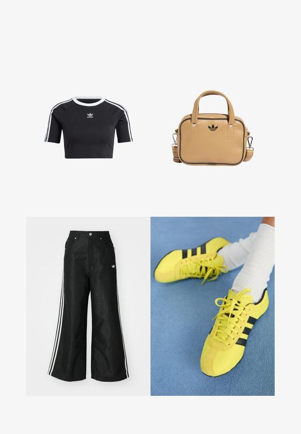 Svart kort t-skjorte laget av bomull, med ribbet hvit rund hals, korte raglanermer og hvite sidestriper med en liten logo.; Sorte vide benbukser med tre hvite striper på hver side og en liten hvit logo. Har frontlommer og knappelukking.; Lyse gule joggesko med svarte striper og snøringer; har en teksturert overdel og semsket detaljer. Brukt med hvite ribbete sokker.; Tan vegan lærveske med to håndtak, avtagbar skulderrem, svart kontrastsøm, og en liten svart logo på fronten.