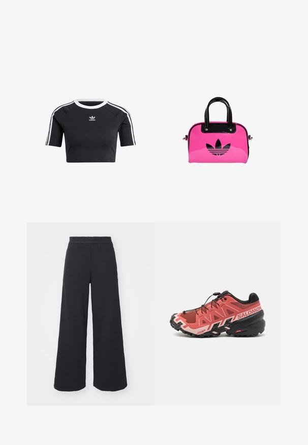 Tricou scurt negru din bumbac, cu guler alb ribbit, mâneci scurte raglan și dungi laterale albe cu un mic logo.; Pantaloni de trening negri, cu picioare largi, confecționați dintr-un material moale, având un talie elastică și un logo mic pe partea stângă.; Pantofii de alergare pe traseu în roz și negru. Superior din plasă cu suprapuneri întărite, talpă texturată, sistem de șireturi rapide și branding pe tocul pantofului.; Geantă de mână din patent roz, cu un logo și mânere negre, având o formă rotunjită și închidere cu fermoar. Textura lucioasă îmbunătățește vizibilitatea.
