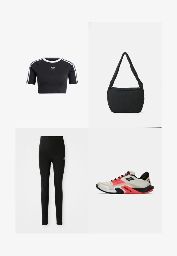 Juodas trumpas medvilninis marškinėliai, su baltu tekstūruotu apykakliniu kaklu, trumpomis raglano rankovėmis ir baltais latakais šonuose su mažuoju logotipu.; Juodos tamprės, pagamintos iš tamprių medžiagų, su aukštu juosmeniu, su mažu baltu Adidas logotipu ant kairiojo šlaunies. Lygus paviršius.; New Balance MINIMUS TR - Avalynė treniruotėms - sea salt; Juodas pečių krepšys su paminkštinta tekstūra, apvalia forma ir plačia juostele, su iškilminiu logotipu priekyje.
