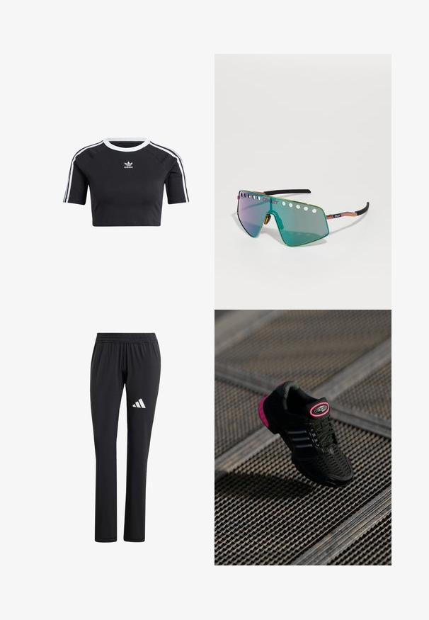 T-shirt noir court en coton, avec un col rond côtelé blanc, des manches raglan courtes et des rayures latérales blanches avec un petit logo.; Pantalons de sport noirs avec une taille élastique, conception à jambe droite, texture lisse et un logo Adidas blanc sur la cuisse gauche.; Chaussure de sport noire avec tige en mesh, accents roses et détails rayés noirs. Présente une semelle extérieure texturée et un logo sur le talon.; Les lunettes de soleil Oakley présentent une grande lentille miroir verte avec des découpes en haut, un design angulaire élégant et une monture en métal colorée avec des embouts noirs.