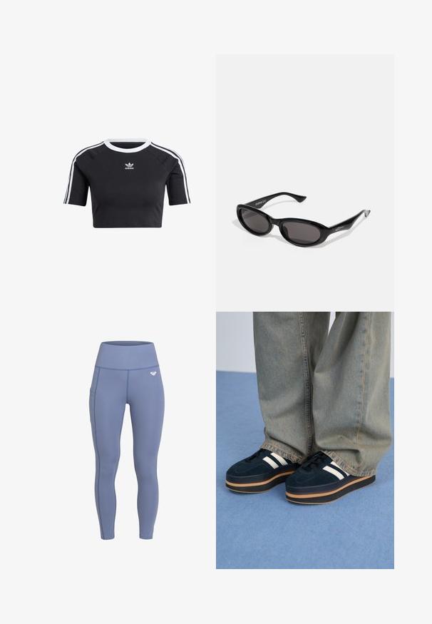 Čierne skrátené tričko z bavlny, s bielym rebrovaným okrajom krku, krátkymi raglánovými rukávmi a bielymi bočnými pruhmi so malým logom.; Elastické legíny s vysokým pásom v mäkkej modrej tkanine so bočnou kapsou a jemným prešívaním. Na páse sa nachádza malé logo.; Tmavomodré semišové platformové tenisky s bielymi pruhmi a čiernymi šnúrkami. Majú hrubú hnedú gumovú podrážku. Nosia sa s svetlomodrými džínsami.; Čierne oválne slnečné okuliare s tmavými sklami. Rám je elegantný, z mierne lesklého plastu s ostrými koncami a subtílnym brandingom na spánkoch.