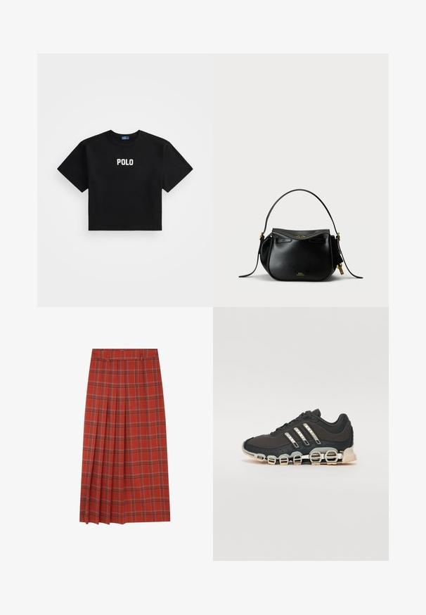 Černé krátké tričko vyrobené z bavlny, s krátkými rukávy a středovým bílým logem "POLO" na přední straně. Hladká texturu.; Scalpers CHECK  - Áčková sukně - terracotta; Černá atletická bota s texturovaným svrškem, třemi stříbrnými pruhy a výraznou odpruženou podrážkou se spoustou integrovaných sekcí.; Černá kožená kabelka kulatého tvaru, s jedním horním uchem a zlatými kovovými detaily. Obsahuje zipové zavírání a jemný branding.