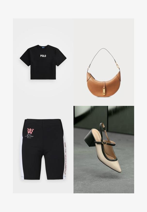 Camiseta negra corta de algodón, con mangas cortas y un logotipo blanco "POLO" centrado en el frente. Textura suave.; Pantalones cortos deportivos negros con paneles laterales blancos, con un logo y texto rosa en la parte frontal. Hechos de material elástico, diseñados para la comodidad.; Zapato slingback de punta beige con ribete negro, hebilla dorada y un tacón cuadrado grueso sobre un suelo gris con fondo verde oscuro.; Bolso de cuero color tan con forma curva, hardware dorado y una correa delgada para el hombro. Presenta un cierre de cremallera y un detalle del logo en la parte frontal.