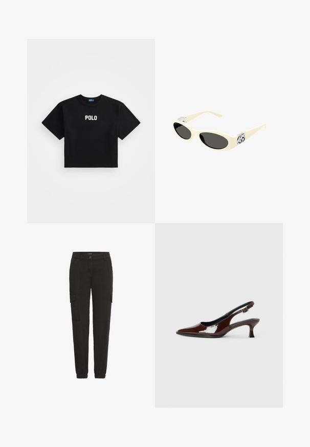 Must t-särk, millel on lühikesed varrukad, mustast puuvillast, esiküljel keskosas valge "POLO" logo. Sile tekstuur.; Mustad mustad püksid, mis on valmistatud kergest kangast, elastse vöökoha, küljetaskute ja lõdva lõikega.; Pruun patentnahast slingback tossud terava nina ja mõõduka kandega. Omab pandla rihma kindla istuvuse tagamiseks. Sile tekstuur.; Kreemivärvi prillid ovaalsete läätsede, musta tooniga ja metallist logo detailidega templites. Sile tekstuur, kiisasilma disain.; Kootud burgundia nahast käekott, millel on kaks lühikest sangakäepidet ja eemaldatav õlavarre rihm. Omab struktureeritud kuju ja sujuvat tekstuuri.