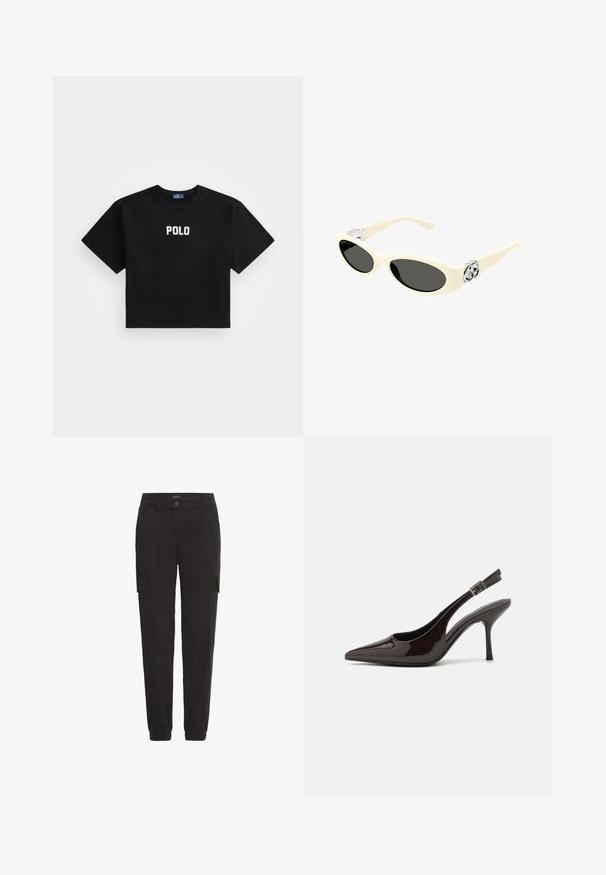 Schwarzes, kurz geschnittenes T-Shirt aus Baumwolle mit kurzen Ärmeln und einem zentralen weißen "POLO"-Logo auf der Vorderseite. Glatte Textur.; Schwarze Cargo-Hosen aus leichtem Stoff, mit elastischem Bund, Seitentaschen und einer lockeren Passform.; Slingback-Pumps aus glänzendem dunklen braunen Lackleder, mit spitzer Zehenpartie, offenen Seiten und verstellbarem Knöchelriemen.; Cremefarbene Sonnenbrille mit ovalen Gläsern, schwarzem Tönung und metallischen Logoakzenten an den Schläfen. Glatte Textur, Cat-Eye-Design.; Rosa flauschiger Pullover mit hohem Kragen, hellblaue Jeans und schwarze Ballerinas. Der Pullover hat eine lockere Passform und gerippte Bündchen. Schwarze Handtasche mit Tragegurt.