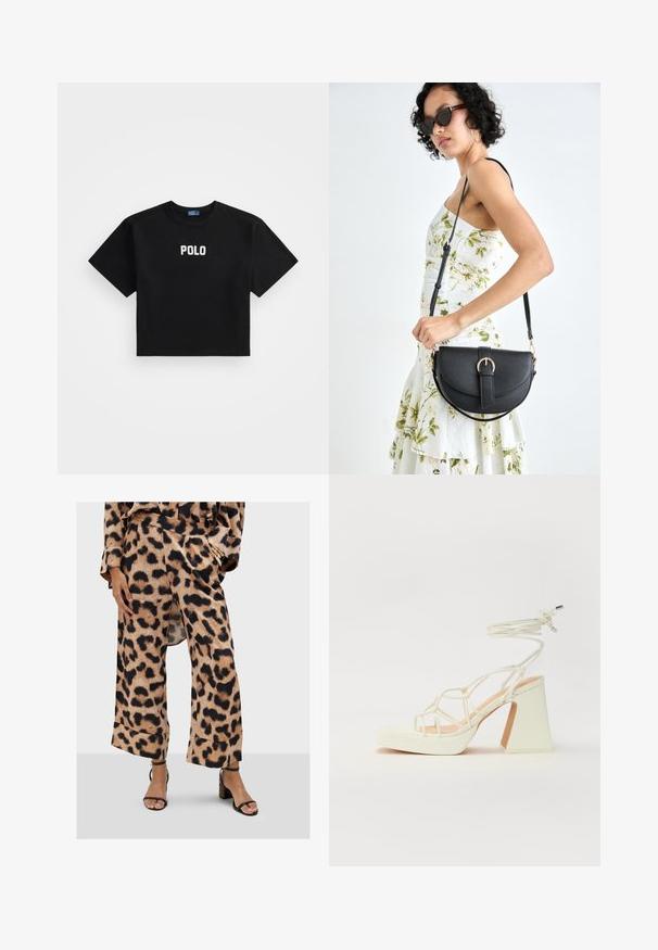 Crna skraćena majica od pamuka, s kratkim rukavima i središnjim bijelim "POLO" logotipom sprijeda. Glatka tekstura.; Hlače širokih nogavica s leopard uzorkom, izrađene od mekanog, teksturiranog materijala, s visokim strukom i klapnama, u kombinaciji s crnim sandalama na vezanje.; Bijela sandala na visokoj potpetici s debelim petom, s remenom i vezanjem oko gležnja. Glatka tekstura s platformom sprijeda za dodatnu visinu.; Crna kožna torba s lukovitim oblikom, odvojivim remenom i zlatnim detaljima. Torba ima preklop s kopčom.