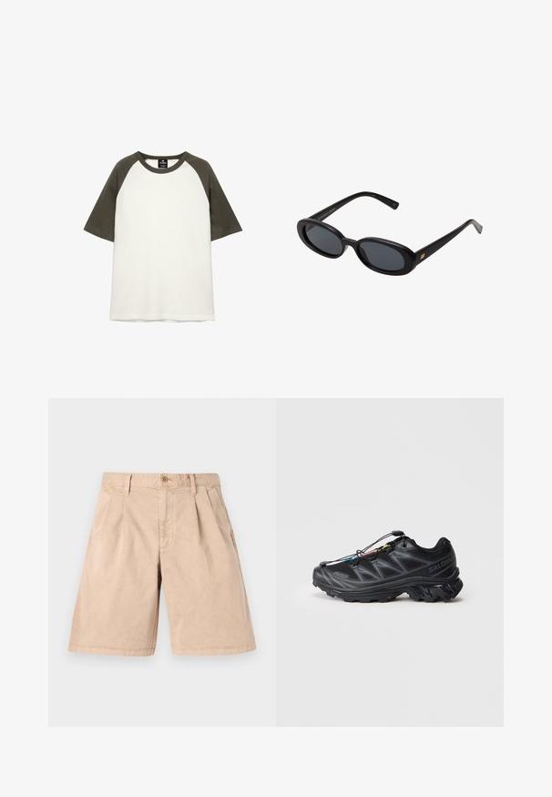 Rövid ujjú pamut póló, fehér alappal, sötétzöld raglán ujjakkal és kerek nyakkivágással.; Beige színű pamut rövidnadrág, egyenes szabással, plisszírozott elülső résszel, oldalsó zsebekkel és egy gombbal záródó derékkal.; Fekete sportcipő textúrázott hálós felsőrésszel, megerősített orral és gyorsfűző rendszerrel. Jellemzője a strapabíró talp és a kis mértékű sarokemelkedés.; Fekete, oversize napszemüveg ovális lencsékkel, sima műanyag kerettel és arany részletekkel a fülpánton. Sötét lencséi védelmet nyújtanak a napfény ellen.