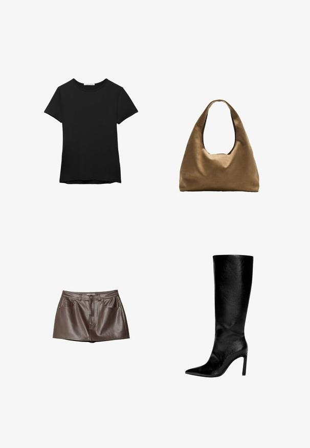 Čierne tričko s krátkymi rukávmi vyrobené z hladkej tkaniny. Má okrúhly výstrih a voľný strih so rovnou lemovkou.; Hnedá kožená mini sukňa s hladkou textúrou, pútkami na opasok, prednými vreckami a zapínaním na gombík v páse.; Čierna kožená čižma po kolená s špicatou špičkou, vysokým ihlovým podpätkom, hladkým povrchom a jednoduchým, elegantným dizajnom bez ozdôb.; Hnedá látková taška cez rameno s širokým, zaobleným telom a veľkým vyrezaným uchom. Mäkčená textúra, minimalistický dizajn a bez viditeľného kovania.
