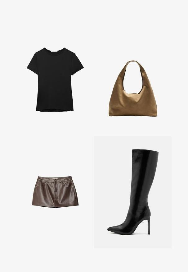T-shirt noir à manches courtes en tissu lisse. Il présente un col rond et une coupe décontractée avec un ourlet droit.; Jupe mini en cuir marron avec une texture lisse, des passants de ceinture, des poches avant et une fermeture à bouton à la taille.; Bottes noires jusqu'aux genoux en cuir verni, avec un bout pointu et un talon aiguille fin. Texture lisse avec un design minimaliste.; Sac à épaule en tissu marron avec un corps large et arrondi et une grande poignée découpée. Texture douce, design minimaliste et aucun matériel visible.