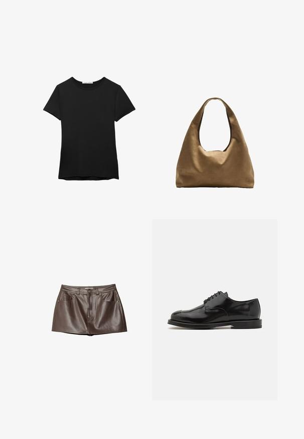 Sort kortærmet t-shirt lavet af glat stof. Har en rund halsudskæring og en afslappet pasform med en lige kant.; Brun læder mini-nederdel med en glat tekstur, bæltestropper, forlommer og knaplukning i taljen.; Sorte læderherresko med en poleret finish, rund tå, snørelukning, kontrasterende sål og minimalistiske syninger.; Brun stof skuldertaske med en bred, rundet krop og et stort udsnit håndtag. Blød tekstur, minimalistisk design og ingen synlig hardware.