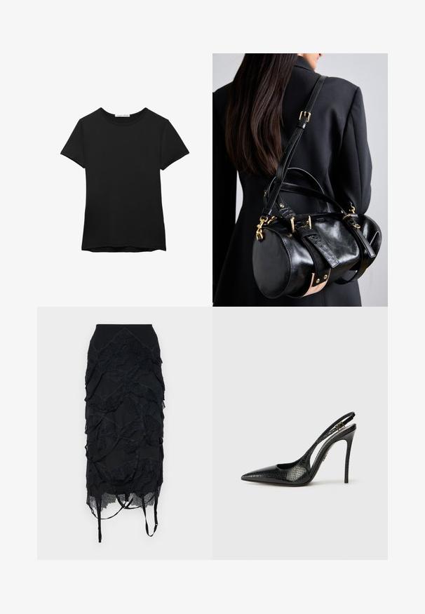 Schwarzes kurzärmliges T-Shirt aus glattem Stoff. Mit Rundhalsausschnitt und einer lockeren Passform sowie einem geraden Saum.; Schwarzer Rock mit schichtenweise Spitzenakzenten, einem taillierten Bund und verstellbaren Trägern. Das Design weist ein wellenartiges Muster auf.; Schwarzer Slingback-Pump mit spitzer Zehenpartie, strukturiertem Schlangenmuster, Stiletto-Absatz und einer dekorativen Schnalle am Riemen.; Schwarze Lederhandtasche mit runder Form, ausgestattet mit goldfarbenen Beschlägen und verstellbaren Trägern. Akzente aus strukturiertem schwarzen Leder und beigen Details.