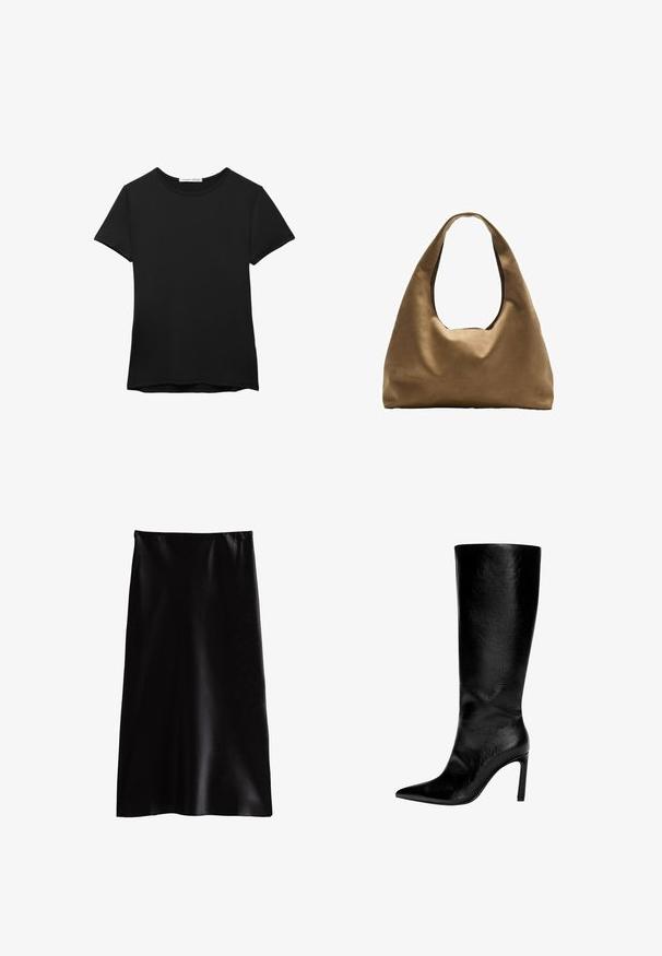 Czarny t-shirt z krótkim rękawem wykonany z gładkiego materiału. Posiada okrągły dekolt i luźny krój z prostym wykończeniem hemu.; Czarna satynowa spódnica maxi o gładkiej fakturze, prostym kroju i elastycznej talii. Brak widocznych wzorów lub ozdób.; Czarna skórzana kozaczka za kolano z ostrym noskiem, wysokim obcasem typu stiletto, gładkim wykończeniem i prostym, eleganckim designem bez ozdób.; Brązowa torba na ramię z szerokim, zaokrąglonym kształtem i dużym wyciętym uchwytem. Miękka tekstura, minimalistyczny design i brak widocznych elementów metalowych.