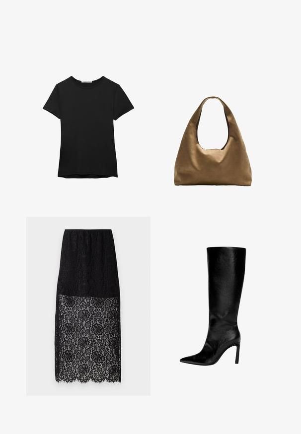 Sort kortærmet t-shirt lavet af glat stof. Har en rund halsudskæring og en afslappet pasform med en lige kant.; Sort blondekjole med et blomstermønster, der har en bølget kant og to lag. Det øverste lag er ensfarvet, mens det nederste lag er gennemsigtigt.; Knæhøj sort læderstøvle med spids tå, høj stiletthæl, glat finish og et enkelt, strømlinet design uden pynt.; Brun stof skuldertaske med en bred, rundet krop og et stort udsnit håndtag. Blød tekstur, minimalistisk design og ingen synlig hardware.