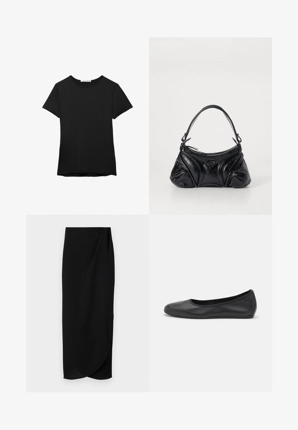 Schwarzes kurzärmliges T-Shirt aus glattem Stoff. Mit Rundhalsausschnitt und einer lockeren Passform sowie einem geraden Saum.; Schwarzer Midi-Rock aus einem glatten Stoff, mit einem drapierten Design und einer leichten Wickel-Optik an der Vorderseite. Schlichte, elegante Silhouette.; Schwarze Leder-Ballettschuhe mit abgerundeter Spitze, glatter Textur, minimalen Nähdetails und einem flexiblen Sohlen-Design.; Schwarze Handtasche aus strukturiertem Leder mit runder Form. Verfügt über einen dünnen Schulterriemen und dekorative geprägte Muster.