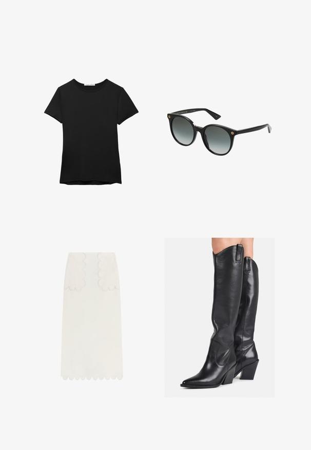 Sort kortærmet t-shirt lavet af glat stof. Har en rund halsudskæring og en afslappet pasform med en lige kant.; Scalpers LAIN MIDI - A-snit nederdel - ecru; Sorte læder støvler til knæene med spids tå, buet skaft og kraftig hæl. Har en glat tekstur og trækflapper øverst.; Sorte oversized solbriller med gradient linser. Plastramme med rund form. Guld logo accent på siden. Glat finish.; Sort vævet tote taske med to håndtag, der har en tekstureret overflade og en rektangulær form. Enkel, unik design uden synligt hardware.