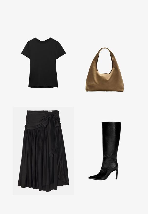 Černé tričko s krátkým rukávem vyrobené z hladké tkaniny. Má kulatý výstřih a volný střih s rovním lemem.; Černá sukně z hladkého, splývavého materiálu; má široký, nařasený pás se zavazováním a plisé pro nadýchaný tvar.; Černý kožený vysoký nerozšířený bot s špičatou špičkou, vysokým stiletto podpatkem, hladkým povrchem a jednoduchým, elegantním designem bez zdobení.; Hnědá textilní taška přes rameno s širokým, zaobleným tvarem a velkým výřezem na rukojeť. Měkká textura, minimalistický design a žádné viditelné kovové prvky.