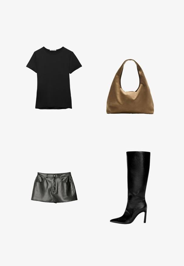 Sort kortærmet t-shirt lavet af glat stof. Har en rund halsudskæring og en afslappet pasform med en lige kant.; Sort læder mini nederdel med en glat tekstur, der har to forlommer og metalknapdetaljer. Kort længde og klassisk snit.; Knæhøj sort læderstøvle med spids tå, høj stiletthæl, glat finish og et enkelt, strømlinet design uden pynt.; Brun stof skuldertaske med en bred, rundet krop og et stort udsnit håndtag. Blød tekstur, minimalistisk design og ingen synlig hardware.