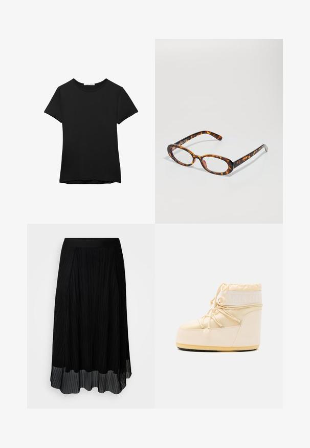 Fekete, rövid ujjú póló sima anyagból. Kerek nyakú és laza szabású, egyenes szegéllyel.; ONLY Carmakoma CARLAVINE ELASTIC SKIRT - A-vonalú szoknya - black; Fény bézs színű Moon Boot, lekerekített orral, fűzőzárással és textúrált gumi talppal. Fehér márkázással és sima szintetikus anyagokkal rendelkezik.; Tortuga mintás szemüveg ovális lencsékkel, fényes felülettel, karcsú szárakkal és finom mintázattal, amely a tigris csíkjaira emlékeztet.