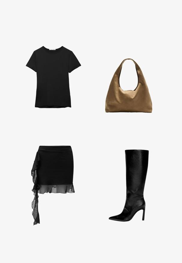 Sort kortærmet t-shirt lavet af glat stof. Har en rund halsudskæring og en afslappet pasform med en lige kant.; Sort nederdel med et tætsiddende design, der har et gennemsigtigt flæse-detalje, der asymmetrisk hænger fra taljen til kanten. Glat tekstur.; Knæhøj sort læderstøvle med spids tå, høj stiletthæl, glat finish og et enkelt, strømlinet design uden pynt.; Brun stof skuldertaske med en bred, rundet krop og et stort udsnit håndtag. Blød tekstur, minimalistisk design og ingen synlig hardware.
