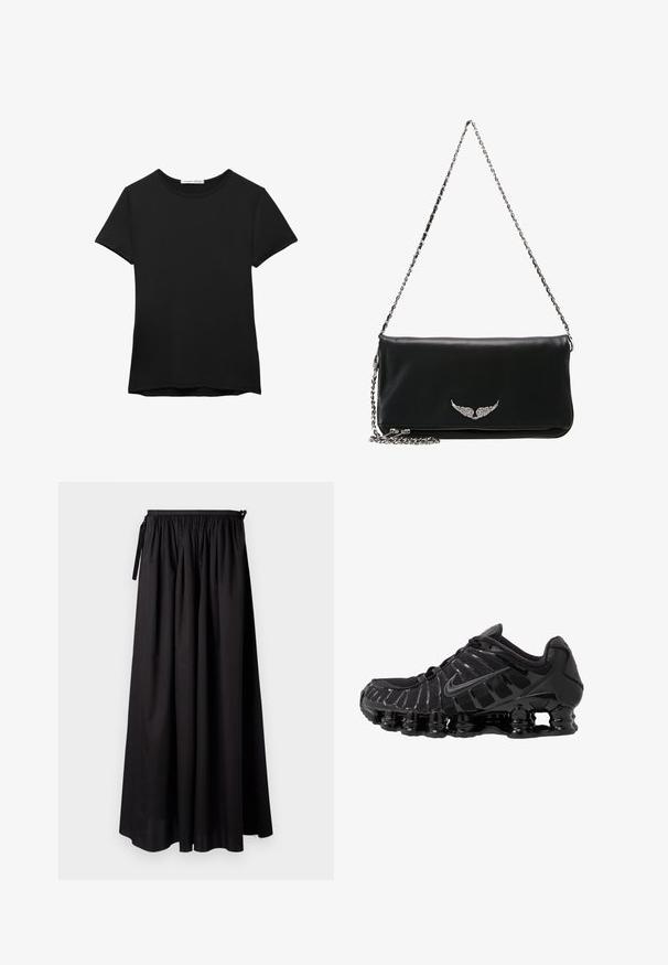 T-shirt nera a maniche corte realizzata in tessuto liscio. Presenta un collo rotondo e una vestibilità comoda con orlo dritto.; Gonna maxi nera con una vita arricciata, caratterizzata da dettagli con lacci e un design fluido realizzato in tessuto morbido. Nessun motivo o accento visibile.; Scarpa sportiva nera con tomaia in mesh e sovrapposizioni lucide. Presenta un'imbottitura a molla curva e linee texturizzate sul lato. Logo Nike visibile.; Clutch bag in pelle nera con tracolla a catena argentata, caratterizzato da un emblema alato sul davanti, texture liscia e chiusura con zip alla base.