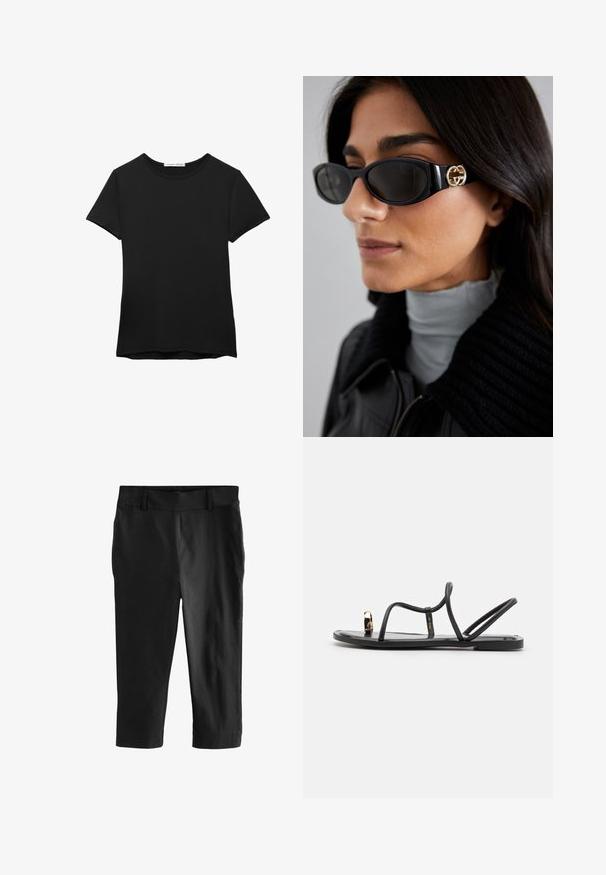 Crna majica kratkih rukava od glatkog materijala. Ima okrugli izrez i opušteni kroj s ravnim rubom.; Crne skraćene hlače s glatkom teksturom. Imaju ravni pojas naprijed i nemaju vidljive džepove, dizajnirane za krojeni fit.; Crne ravne sandale s tankim trakama i prstenom za prste, s zlatnim naglaskom na nožnom palcu. Izrađene su od glatkog, sjajnog materijala.; Crne sunčane naočale sa elegantnim pravokutnim okvirom i zlatnim logotipom na strani. Tamna stakla i sjajni finiš su istaknuti.