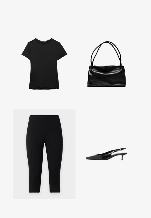 T-shirt nera a maniche corte realizzata in tessuto liscio. Presenta un collo rotondo e una vestibilità comoda con orlo dritto.; Leggings capri neri realizzati in materiale elasticizzato, con una vestibilità aderente e una texture liscia, privi di motivi o accenti prominenti.; Scarpa slingback in pelle verniciata nera con punta appuntita e tacco basso. Presenta un accento metallico lungo la cinghia per un tocco di dettaglio in più.; Borsa nera in pelle con una superficie liscia, forma rettangolare e due manici lunghi. Design semplice senza hardware o decorazioni visibili.