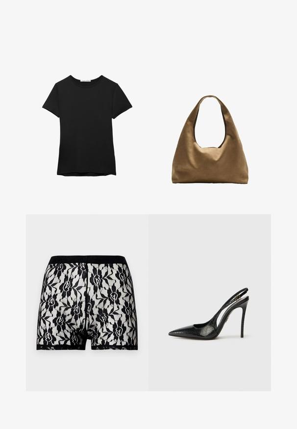 Črna kratka majica s kratkimi rokavi, izdelana iz gladkega blaga. Ima okroglo izrez in sproščen kroj z ravnim robom.; Črne čipkaste kratke hlače s cvetličnim vzorcem in kontrastnim črnim pasom. Prosojna zasnova z mehko teksturo, dolžine do sredine stegen.; Črne slingback čevlje s koničastim nosom, strukturiranim vzorcem kačjega usnja, stileto peto in okrasnim sponko na traku.; Brahna torba preko rame iz rjave tkanine s širokim, zaobljenim tijelom i velikim izrezanim ručkom. Meka tekstura, minimalistički dizajn i bez vidljivih metalnih dijelova.