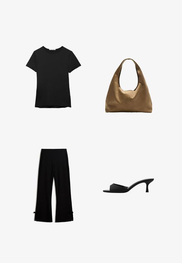 Svart kortärmad t-shirt tillverkad av mjukt tyg. Den har en rund halsringning och en avslappnad passform med en rak fåll.; Svarta byxor med vida ben tillverkade av ett mjukt tyg, med sidoklackar som hålls på plats med rosetter vid fållen för extra detalj.; Svarta klackade mules med tår med bred öppen tå och en böjd överdel. Tillverkade av strukturerat tyg, med en slank klack och en slät sula.; Brun tygaxelväska med en bred, rundad kropp och ett stort utskärningshandtag. Mjukt material, minimalistisk design och ingen synlig hårdvara.