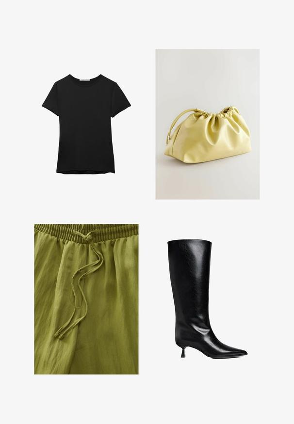 Sort kortærmet t-shirt lavet af glat stof. Har en rund halsudskæring og en afslappet pasform med en lige kant.; Olivengrønne bukser lavet af letvægtsstof. Har en elastisk talje og snoretræk. Glat tekstur med blød fald.; Sort læderknæhøje støvler med spidse tæer, slank silhuet og en lav blokhæl med en blank finish.; Next Clutches - yellow