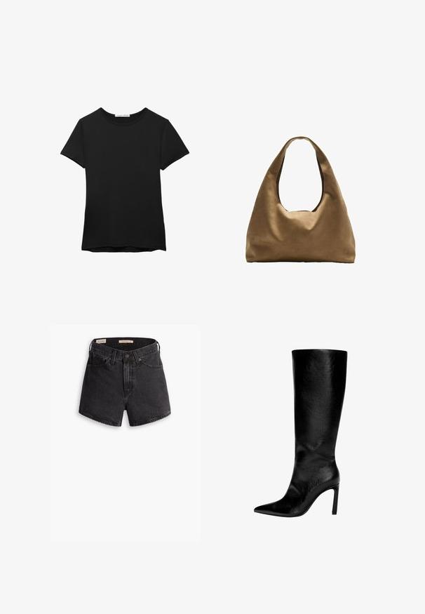 T-shirt nera a maniche corte realizzata in tessuto liscio. Presenta un collo rotondo e una vestibilità comoda con orlo dritto.; Shorts in denim nero a vita alta, con chiusura con bottone frontale, quattro tasche e una finitura leggermente consumata.; Stivale in pelle nera fino al ginocchio con punta affusolata, tacco a spillo alto, finitura liscia e design semplice ed elegante senza decorazioni.; Borsa a spalla in tessuto marrone con un corpo ampio e arrotondato e una grande maniglia a taglio. Texture morbida, design minimalista e senza hardware visibile.