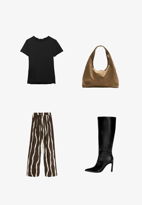 Sort kortærmet t-shirt lavet af glat stof. Har en rund halsudskæring og en afslappet pasform med en lige kant.; Højtaljede bukser med vide ben, vertikale bølgede striber i hvid og mørkebrun, frontknap, lynlås og sidelommer.; Knæhøj sort læderstøvle med spids tå, høj stiletthæl, glat finish og et enkelt, strømlinet design uden pynt.; Brun stof skuldertaske med en bred, rundet krop og et stort udsnit håndtag. Blød tekstur, minimalistisk design og ingen synlig hardware.