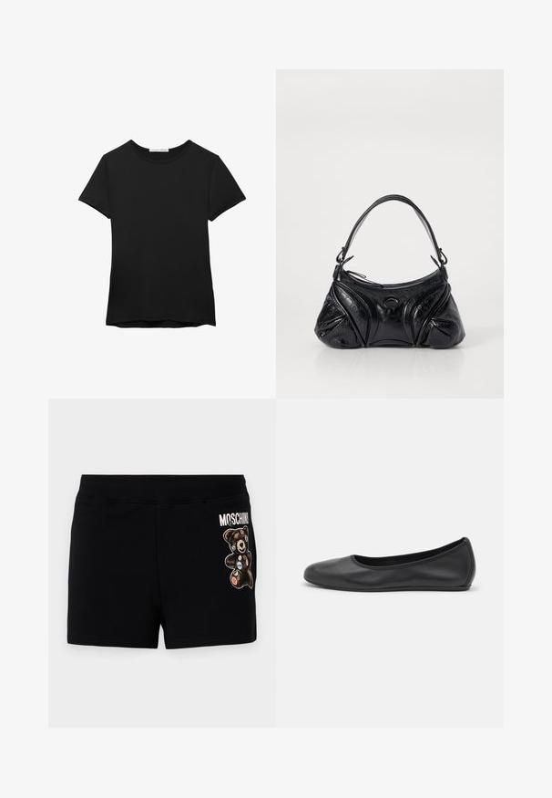 Černé tričko s krátkým rukávem vyrobené z hladké tkaniny. Má kulatý výstřih a volný střih s rovním lemem.; Černé bavlněné šortky se vzorem medvěda s barevnými nášivkami. Pás je elastický pro pohodlí a volný střih.; Černé kožené baletní byty s kulatou špičkou, hladkou texturou, minimálními švy a flexibilním designem podrážky.; Černá kabelka vyrobená z texturované kůže s kulatým tvarem. Obsahuje tenký ramenní popruh a dekorativní reliéfní vzory.