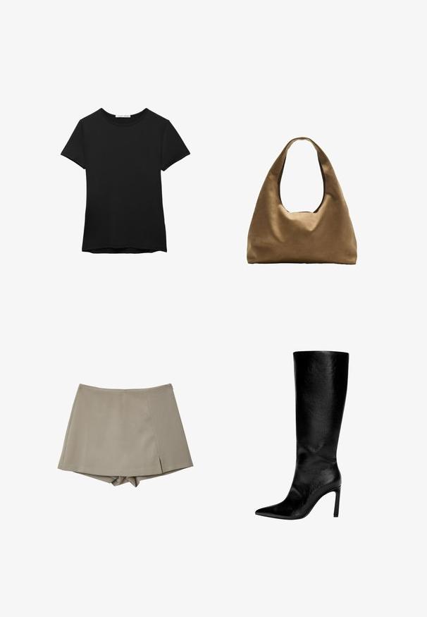 Schwarzes kurzärmliges T-Shirt aus glattem Stoff. Mit Rundhalsausschnitt und einer lockeren Passform sowie einem geraden Saum.; Beige Skort mit einem maßgeschneiderten Design, das eine glatte Textur und leichte Seitenschlitze aufweist. Hergestellt aus leichtem Material.; Knöchelhoher schwarzer Lederstiefel mit spitzem Zeh, hohem Stöckelabsatz, glatter Oberfläche und einem einfachen, eleganten Design ohne Verzierungen.; Braune Stoffschultertasche mit einem breiten, runden Körper und einem großen Ausschnittgriff. Sanfte Textur, minimalistisches Design und keine sichtbaren Beschläge.